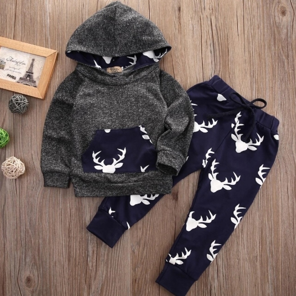 Baby Moose Gray/Blue Long Sleeve Outfits